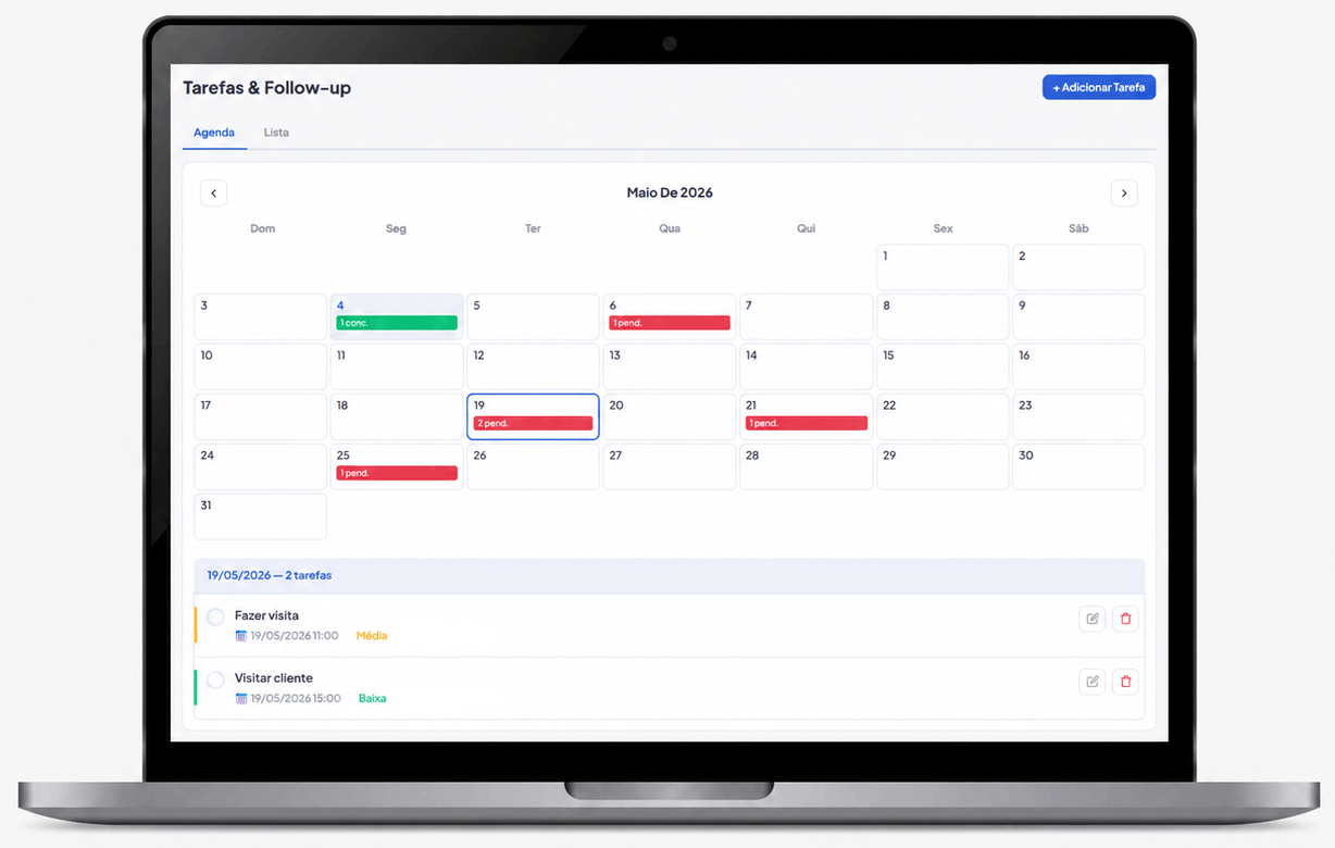 Visual do PipeBOX em notebook com agenda e tarefas